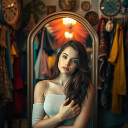 a young woman standing in front of a mirror in a cozy room, focus on her confident and reflective expression, surrounded by vintage decor and colorful clothing hanging around, warm ambient light creating a serene atmosphere, emphasize her natural beauty and the artistic environment