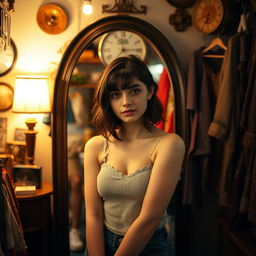 a young woman standing in front of a mirror in a cozy room, focus on her confident and reflective expression, surrounded by vintage decor and colorful clothing hanging around, warm ambient light creating a serene atmosphere, emphasize her natural beauty and the artistic environment