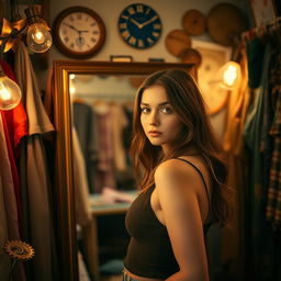 a young woman standing in front of a mirror in a cozy room, focus on her confident and reflective expression, surrounded by vintage decor and colorful clothing hanging around, warm ambient light creating a serene atmosphere, emphasize her natural beauty and the artistic environment