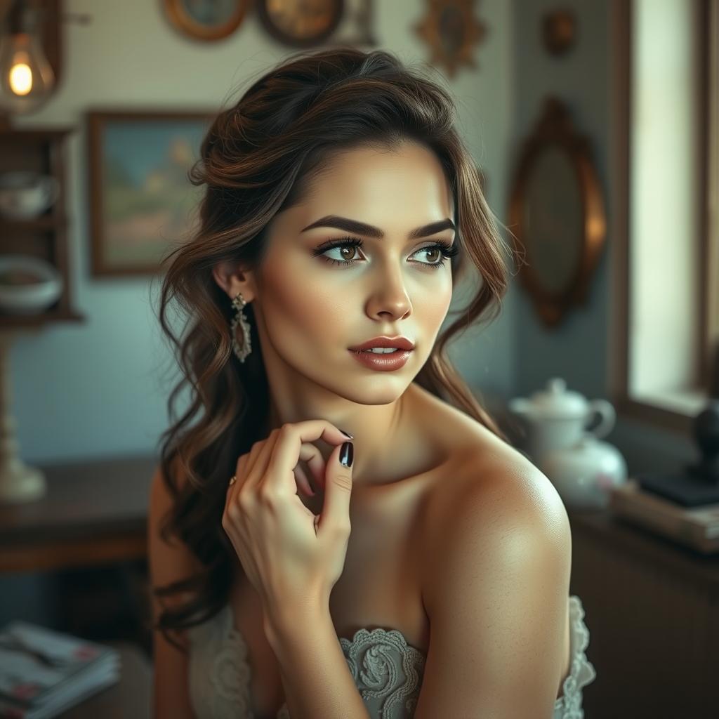 a tasteful artistic depiction of a woman in a serene setting, surrounded by vintage decor and soft lighting, focusing on natural beauty and elegance, highlighting her confident and reflective expression, emphasizing the warm and cozy atmosphere