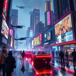 A futuristic cyberpunk cityscape at night, illuminated by neon lights