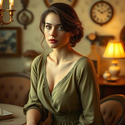 a tasteful artistic depiction of a woman in a serene setting, surrounded by vintage decor and soft lighting, focusing on natural beauty and elegance, highlighting her confident and reflective expression, emphasizing the warm and cozy atmosphere