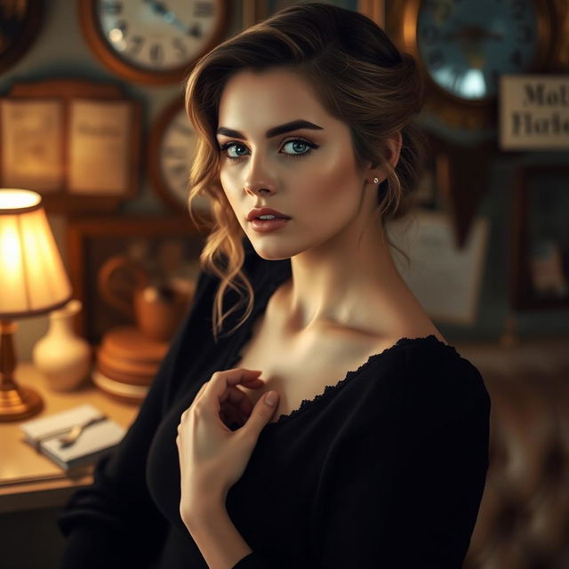 a tasteful artistic depiction of a woman in a serene setting, surrounded by vintage decor and soft lighting, focusing on natural beauty and elegance, highlighting her confident and reflective expression, emphasizing the warm and cozy atmosphere