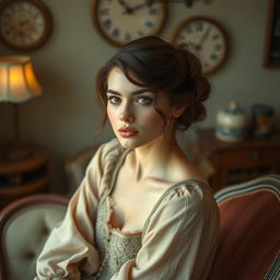 a tasteful artistic depiction of a woman in a serene setting, surrounded by vintage decor and soft lighting, focusing on natural beauty and elegance, highlighting her confident and reflective expression, emphasizing the warm and cozy atmosphere