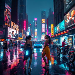 A vibrant cyberpunk cityscape at night featuring Indian girls in futuristic, stylish clothing, illuminated by neon lights