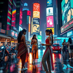 A vibrant cyberpunk cityscape at night featuring Indian girls in futuristic, stylish clothing, illuminated by neon lights