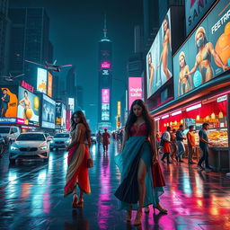 A vibrant cyberpunk cityscape at night featuring Indian girls in futuristic, stylish clothing, illuminated by neon lights