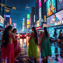 A vibrant cyberpunk cityscape at night featuring Indian girls in futuristic, stylish clothing, illuminated by neon lights