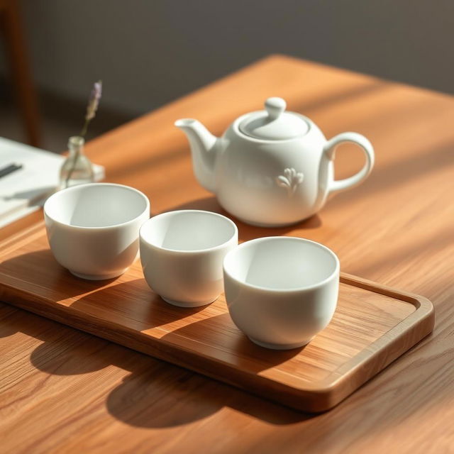 An elegant minimalist design of a modern tea set on a wooden table