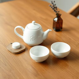 An elegant minimalist design of a modern tea set on a wooden table