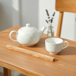 An elegant minimalist design of a modern tea set on a wooden table