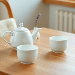 An elegant minimalist design of a modern tea set on a wooden table