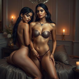 An artistic portrayal of slim Indian women with sexy figures, set in a refined, intimate environment