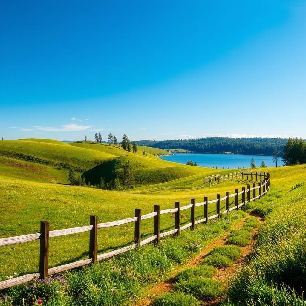 Create a beautiful and serene landscape scene with rolling hills under a clear blue sky