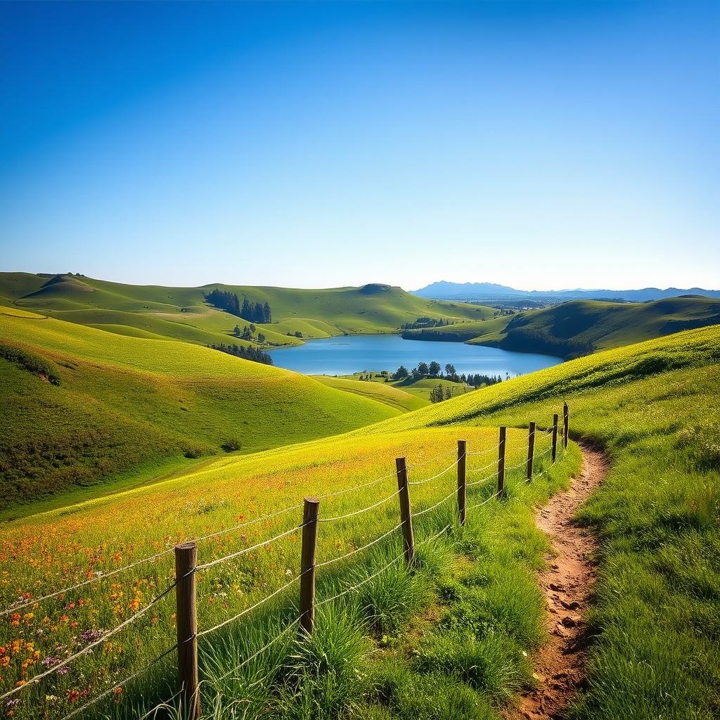 Create a beautiful and serene landscape scene with rolling hills under a clear blue sky