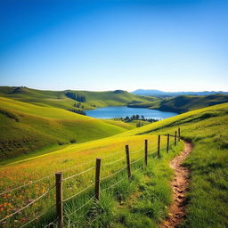 Create a beautiful and serene landscape scene with rolling hills under a clear blue sky