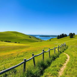 Create a beautiful and serene landscape scene with rolling hills under a clear blue sky