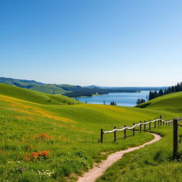 Create a beautiful and serene landscape scene with rolling hills under a clear blue sky