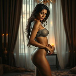 An artistic portrayal of a slim Indian woman with a sexy figure, set in an elegant, intimate environment