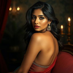 An artistic portrayal of a slim Indian woman with a sexy figure, set in an elegant, intimate environment