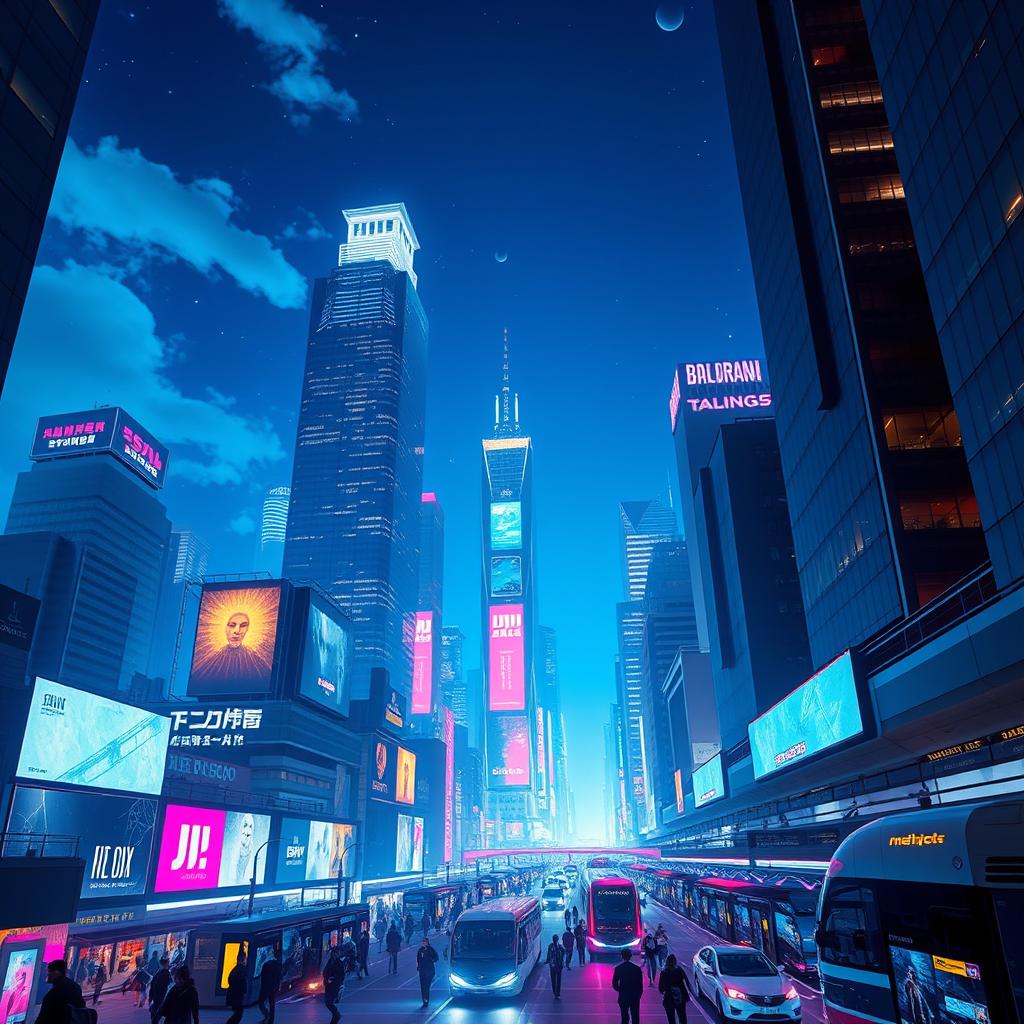 A futuristic cityscape at night, filled with neon lights and towering skyscrapers