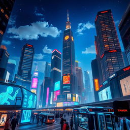 A futuristic cityscape at night, filled with neon lights and towering skyscrapers