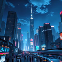 A futuristic cityscape at night, filled with neon lights and towering skyscrapers