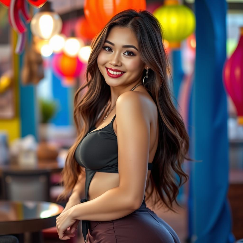 A hot and attractive Thai girl with big breasts and a big butt, exuding confidence and charm in a stylish outfit that accentuates her curves