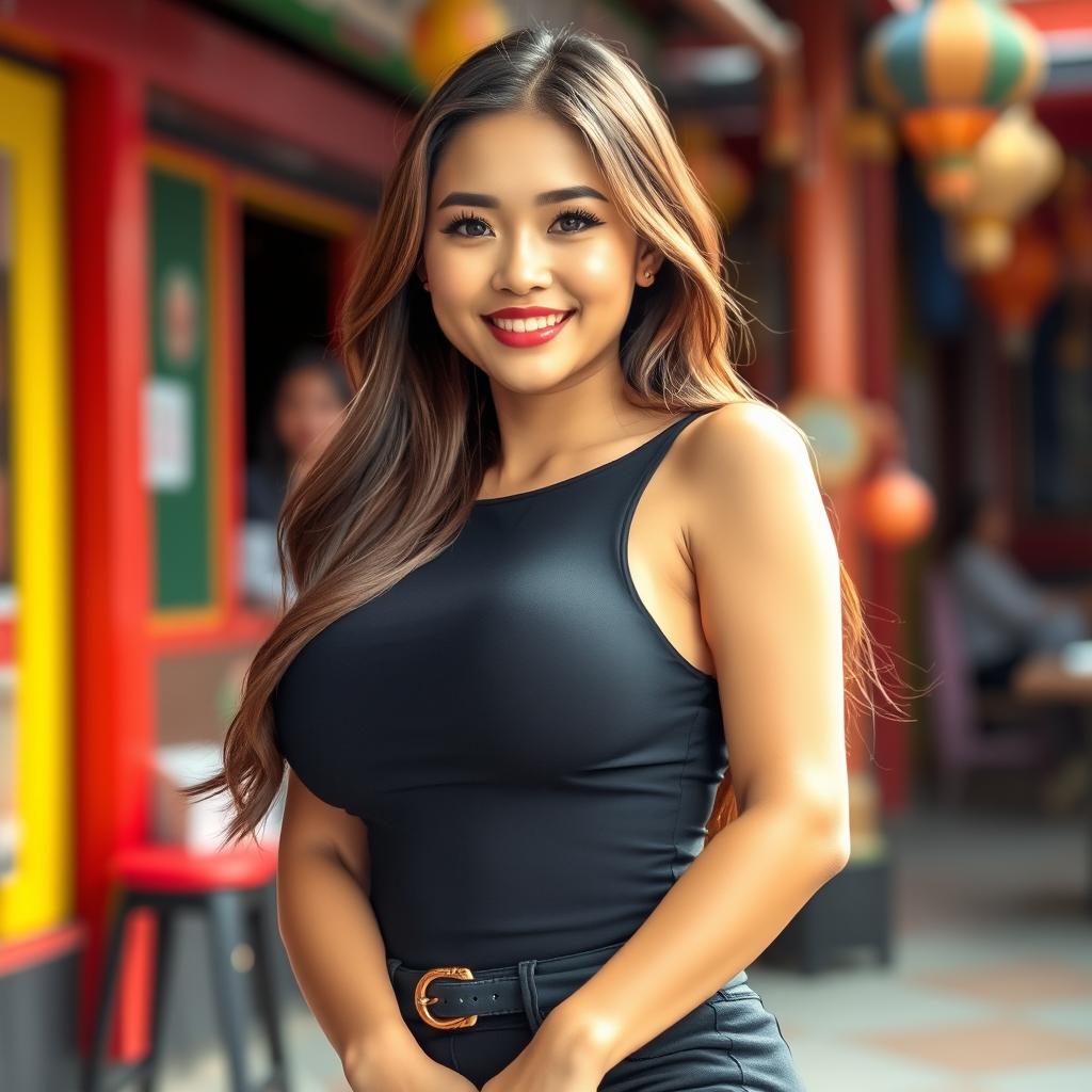 A hot and attractive Thai girl with big breasts and a big butt, exuding confidence and charm in a stylish outfit that accentuates her curves