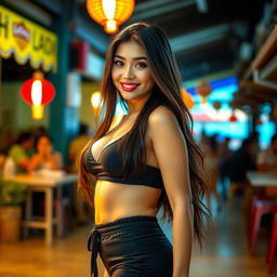 A hot and attractive Thai girl with big breasts and a big butt, exuding confidence and charm in a stylish outfit that accentuates her curves