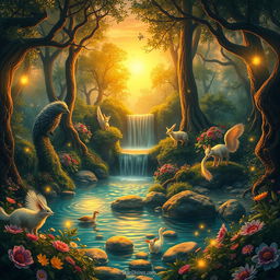 A magical fantasy forest illuminated by the golden glow of a setting sun, where mystical animals with shimmering fur play amidst lush greenery and vibrant flowers