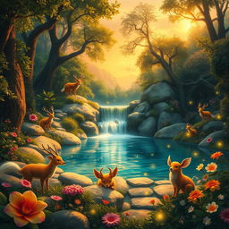 A magical fantasy forest illuminated by the golden glow of a setting sun, where mystical animals with shimmering fur play amidst lush greenery and vibrant flowers