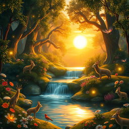 A magical fantasy forest illuminated by the golden glow of a setting sun, where mystical animals with shimmering fur play amidst lush greenery and vibrant flowers