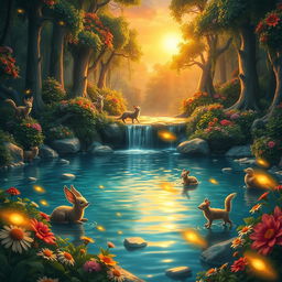 A magical fantasy forest illuminated by the golden glow of a setting sun, where mystical animals with shimmering fur play amidst lush greenery and vibrant flowers