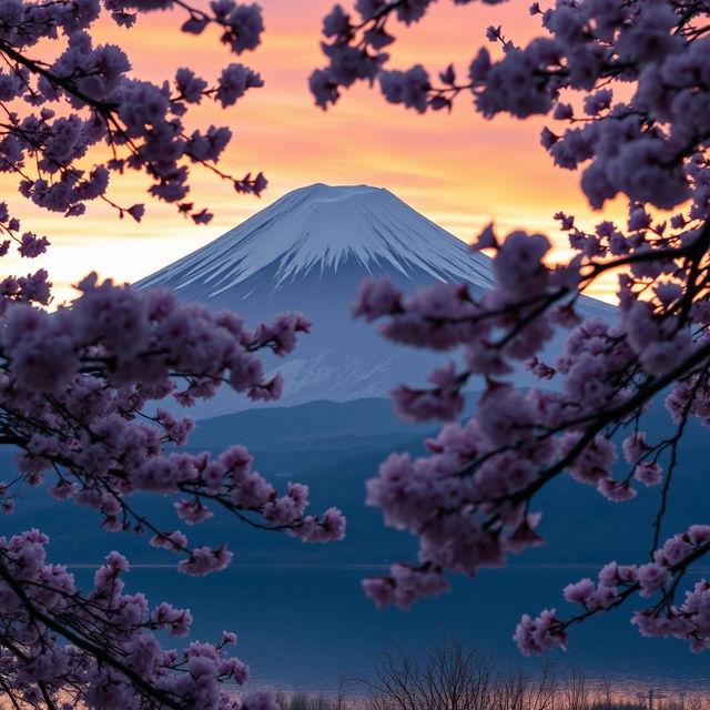 A breathtaking view of Mount Fuji at sunrise, with the mountain's peak covered in snow