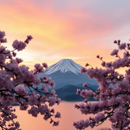 A breathtaking view of Mount Fuji at sunrise, with the mountain's peak covered in snow