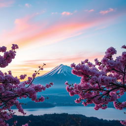 A breathtaking view of Mount Fuji at sunrise, with the mountain's peak covered in snow