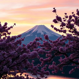 A breathtaking view of Mount Fuji at sunrise, with the mountain's peak covered in snow