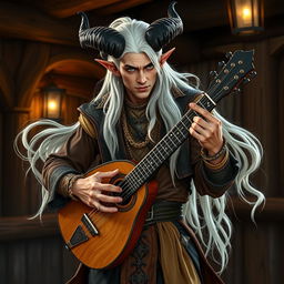 A charismatic male tiefling bard with striking black horns and flowing long white hair