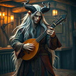 A charismatic male tiefling bard with striking black horns and flowing long white hair