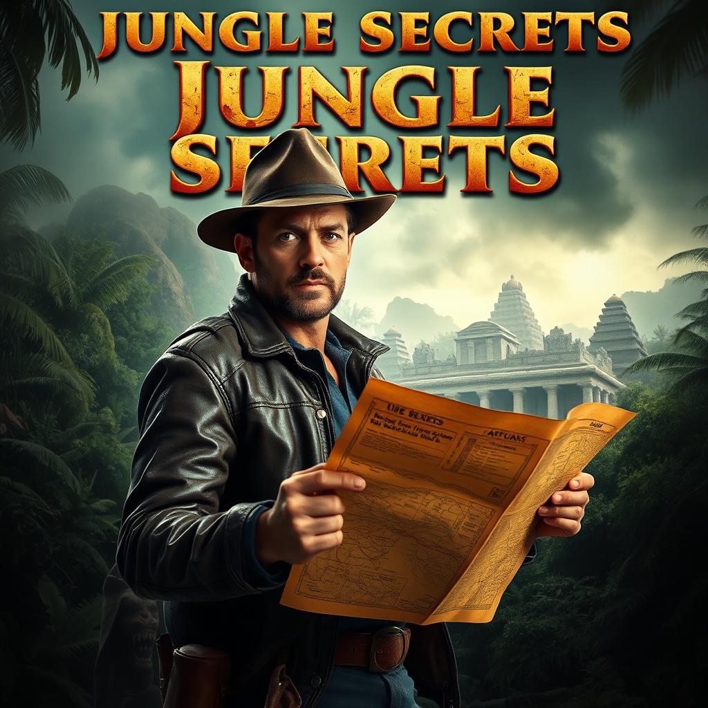 An adventurous and thrilling movie poster featuring a rugged explorer holding a map in a dense jungle, with ancient ruins in the background