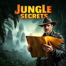 An adventurous and thrilling movie poster featuring a rugged explorer holding a map in a dense jungle, with ancient ruins in the background