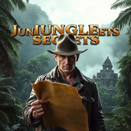 An adventurous and thrilling movie poster featuring a rugged explorer holding a map in a dense jungle, with ancient ruins in the background