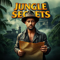 An adventurous and thrilling movie poster featuring a rugged explorer holding a map in a dense jungle, with ancient ruins in the background