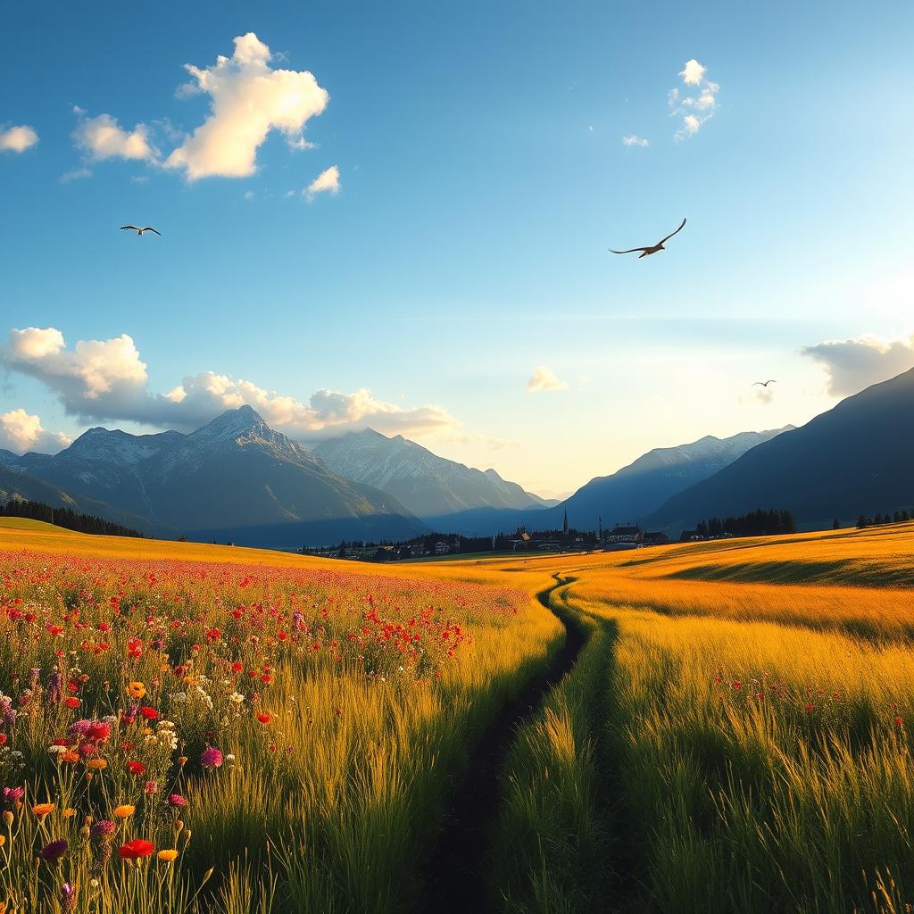 A serene landscape with a clear blue sky and fluffy white clouds