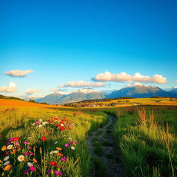 A serene landscape with a clear blue sky and fluffy white clouds