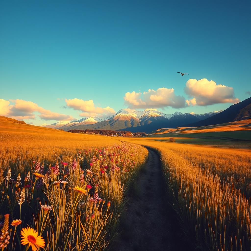 A serene landscape with a clear blue sky and fluffy white clouds