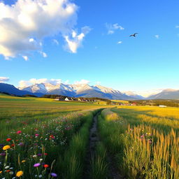 A serene landscape with a clear blue sky and fluffy white clouds