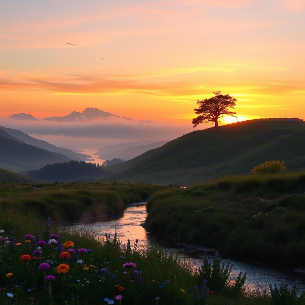 A beautiful landscape at sunrise, featuring rolling hills and a calm river flowing through the valley