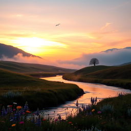 A beautiful landscape at sunrise, featuring rolling hills and a calm river flowing through the valley